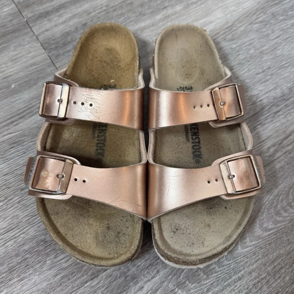 Birkenstock Arizona Slide Sandal Size US 13 Kids Metallic Rose Gold Leather 31